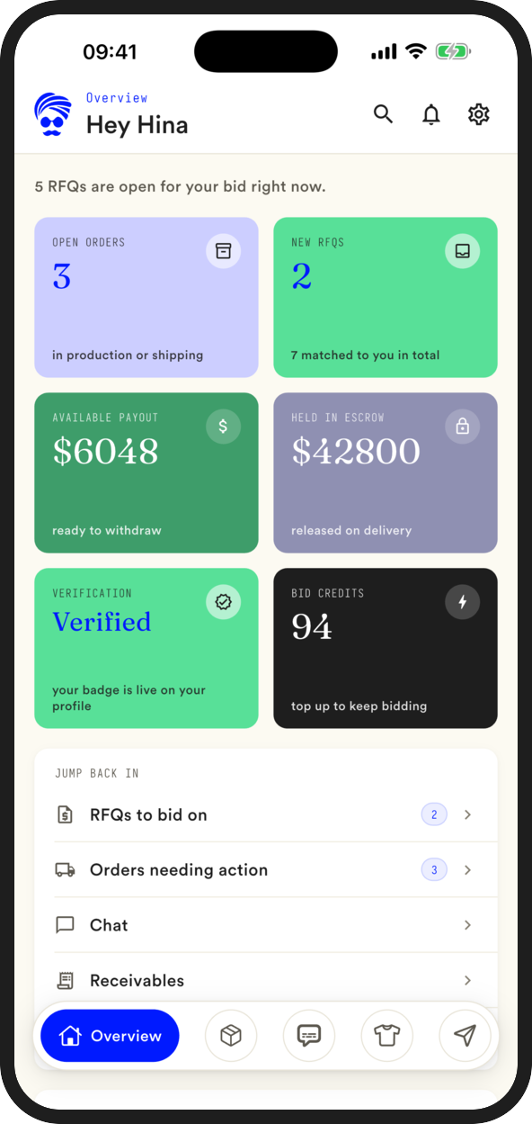 The Lalaaji seller app dashboard, showing open orders, new RFQs and available payout