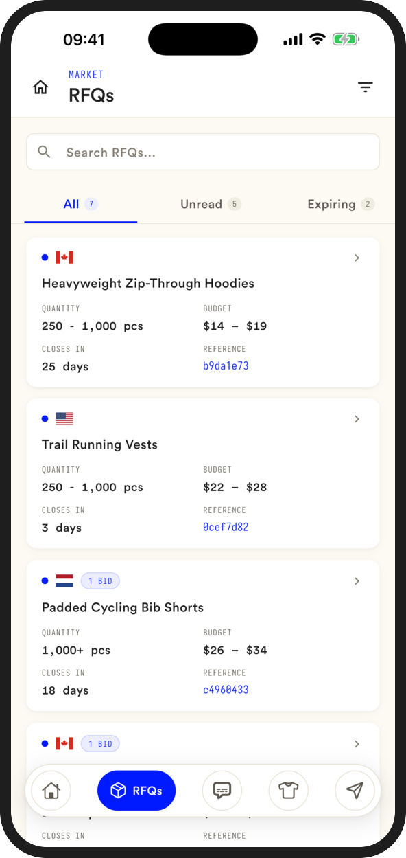 Open buyer requests waiting for a bid, with quantities, budgets and closing dates