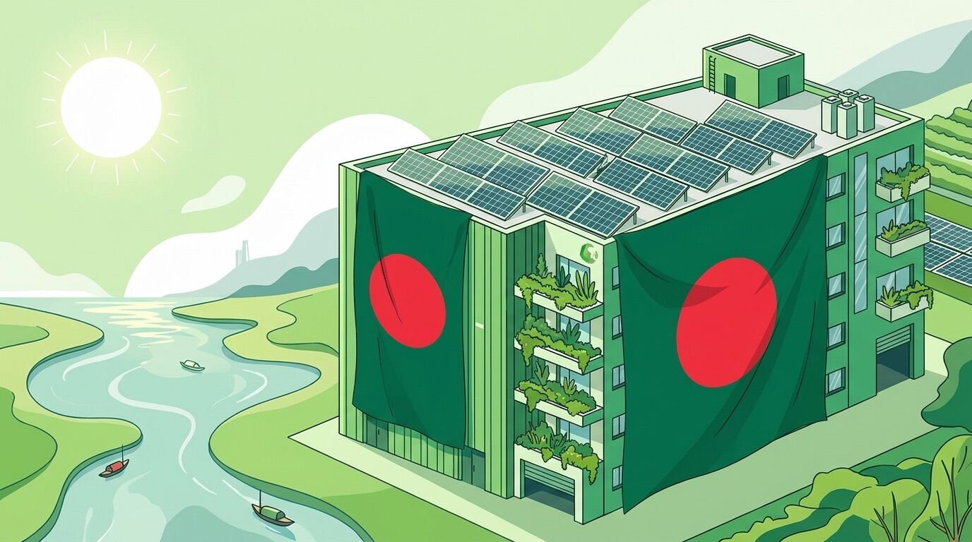 A modern green-certified garment factory in Bangladesh with the red and green flag