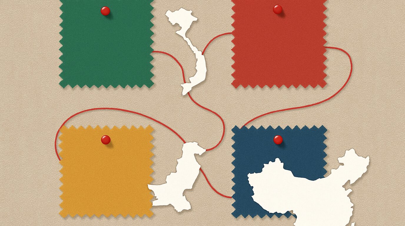 Four garment swatches laid over a map of Vietnam, Turkey, Pakistan and China with shipping routes to Europe