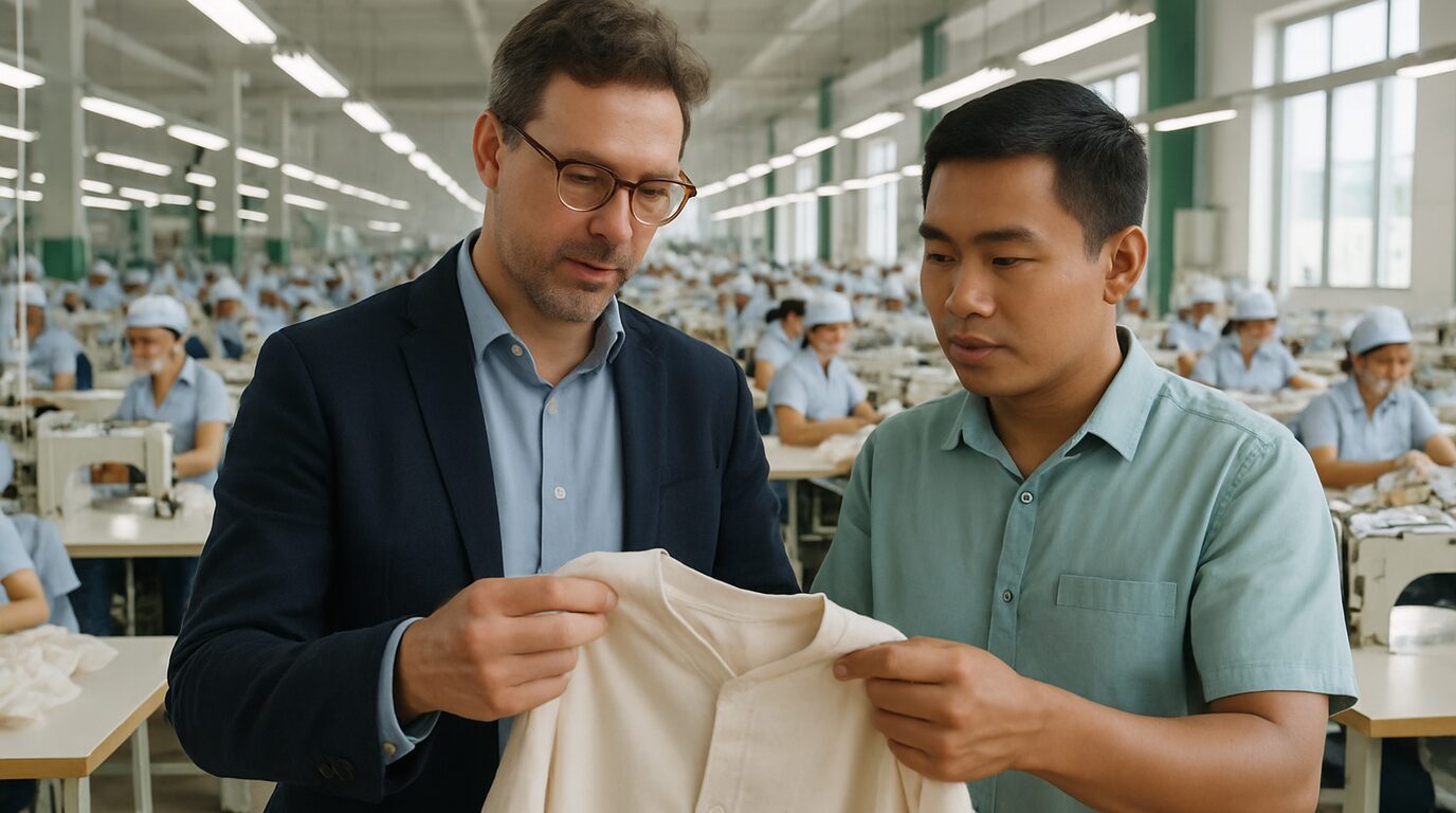 A sourcing manager reviewing technical jackets on a rail inside a Ho Chi Minh City garment factory