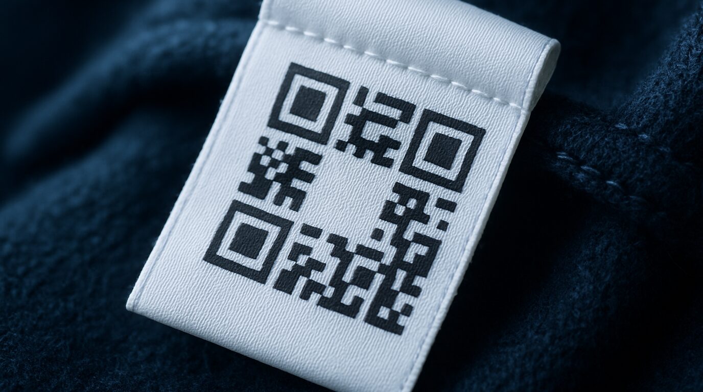 A garment care label with a QR code beside EU regulation documents on a Chinese factory desk