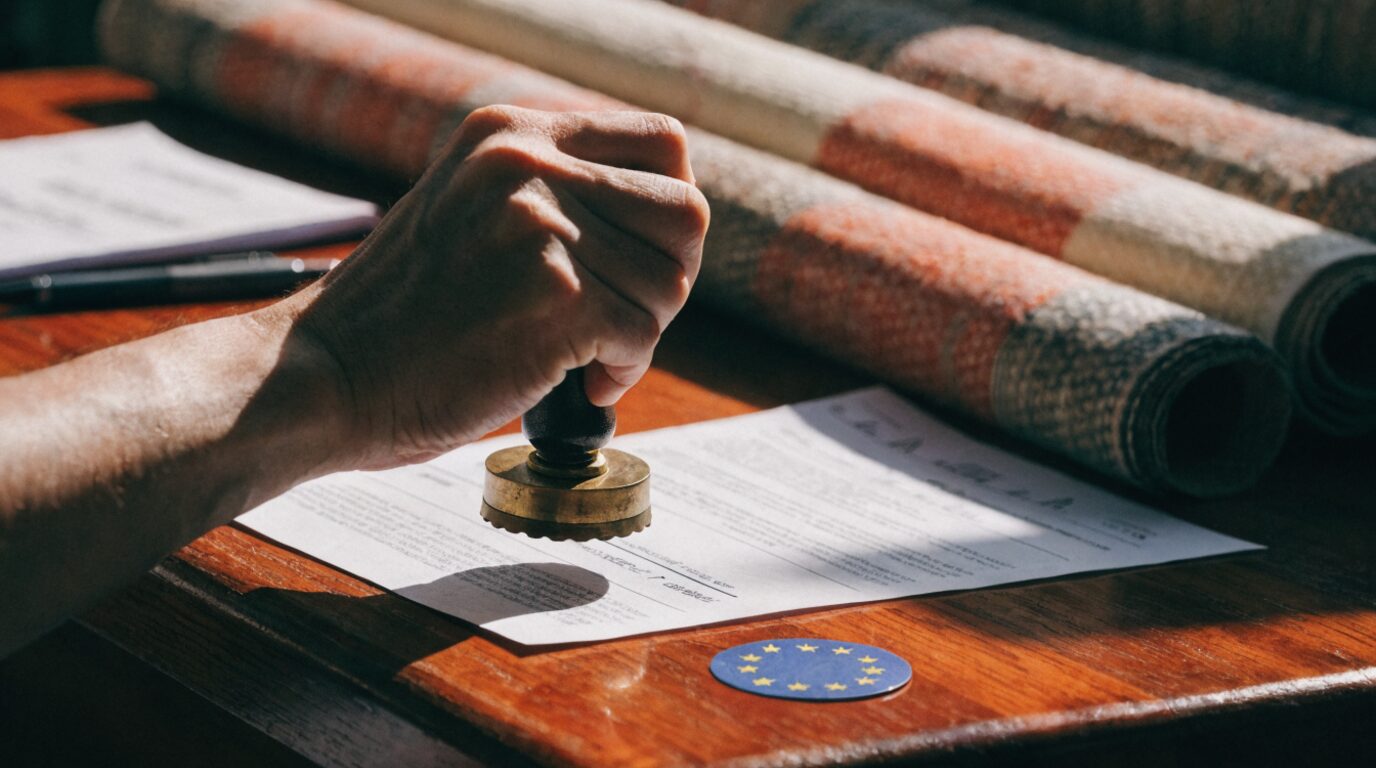 Rolls of knitted fabric on a Vietnamese mill floor next to a stamped EUR.1 origin certificate