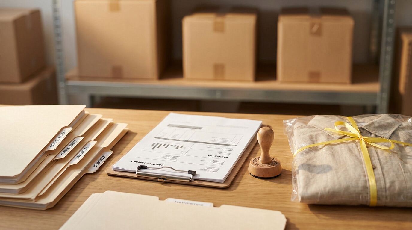 Folders of export certificates and shipping documents on a factory desk