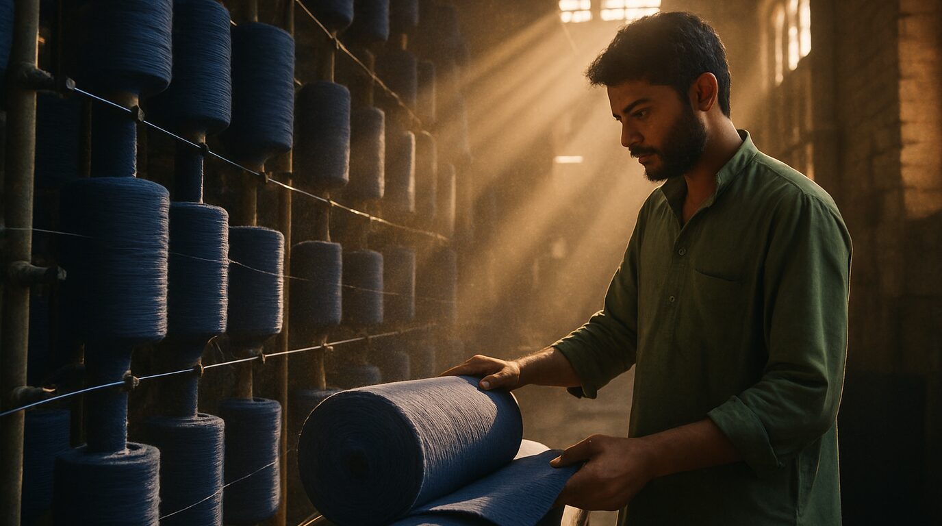 Split scene of a Faisalabad denim mill and a Sialkot sportswear stitching floor with a European map behind
