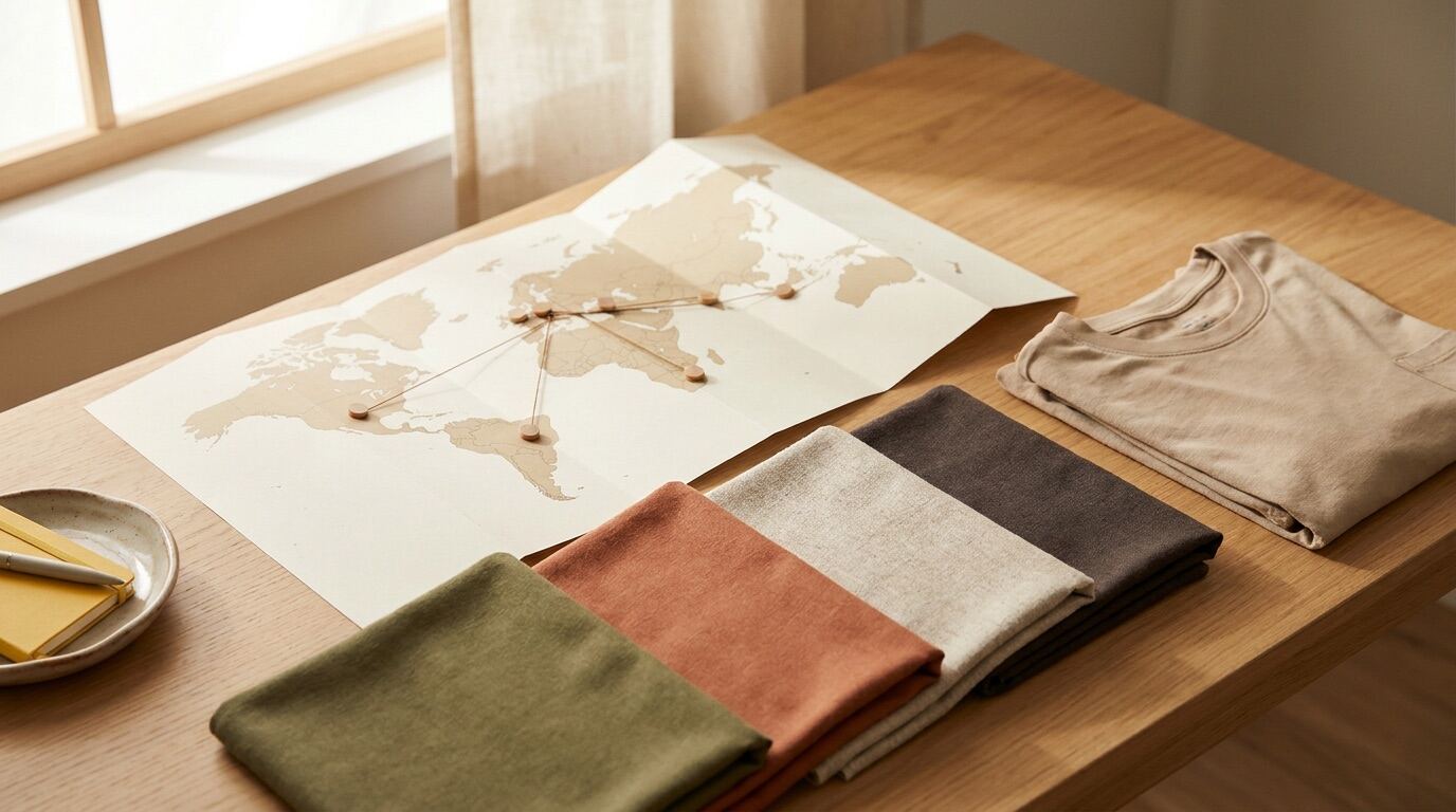 A world map with shipping routes connecting an apparel factory to overseas buyers