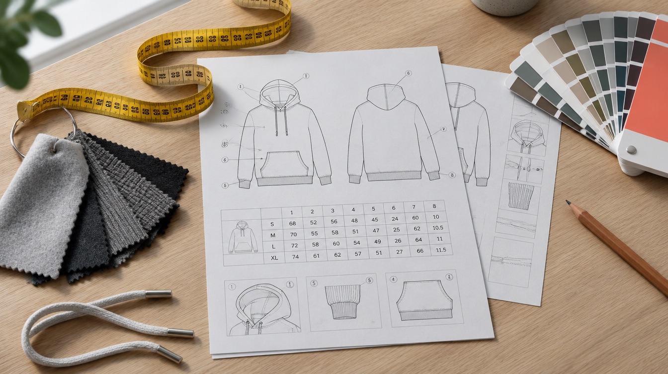 Hoodie tech pack with technical flats and a measurement table, next to fabric swatches, a measuring tape and a colour fan
