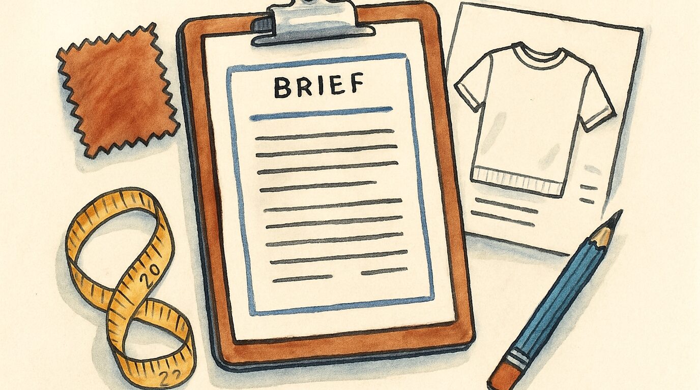 A brand founder writing a garment tech pack with fabric swatches, a measuring tape and a Pantone book