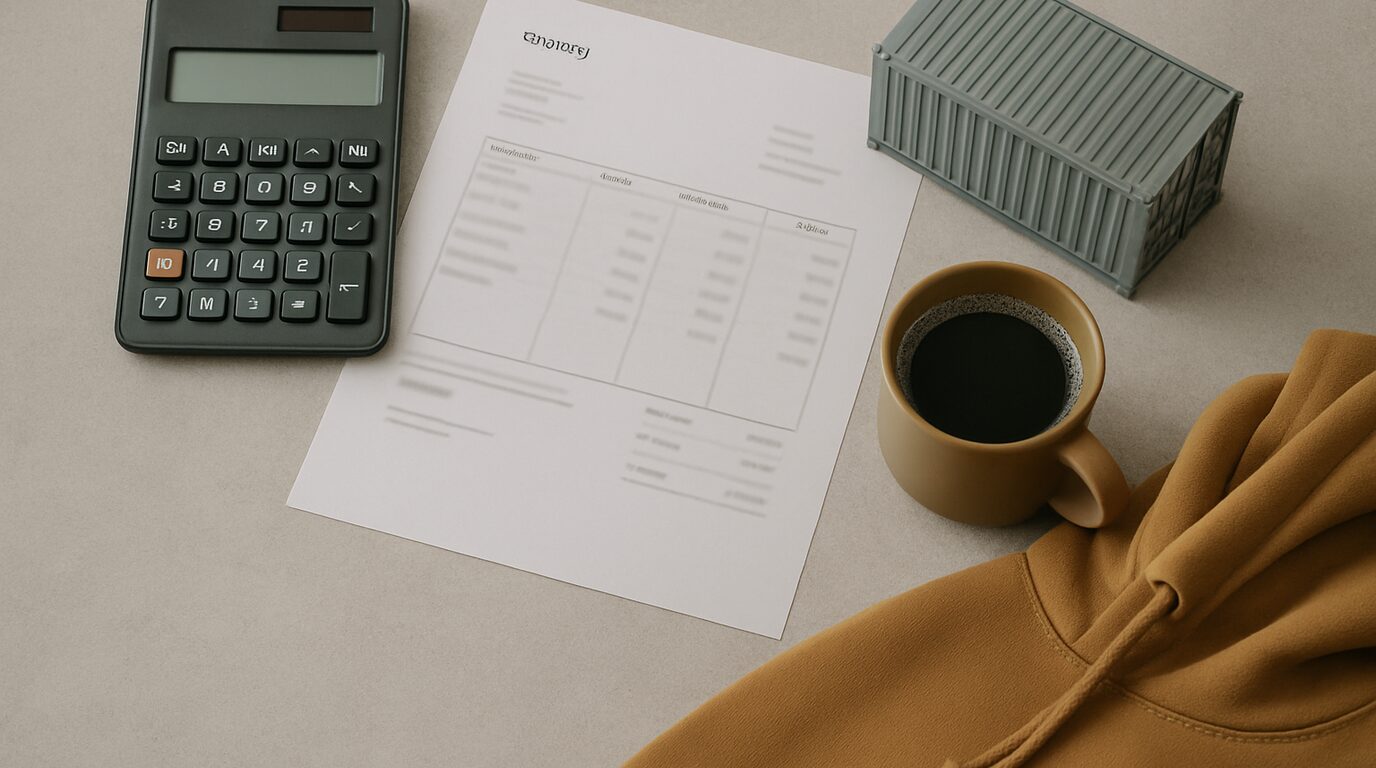 A calculator and a shipping container on a desk with a stack of hoodies and a customs form