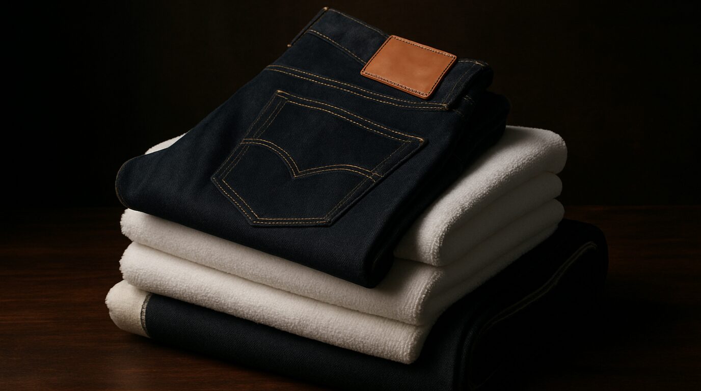 Rolls of indigo denim beside a finished pair of jeans and a stitched towelling robe on a Pakistani mill floor