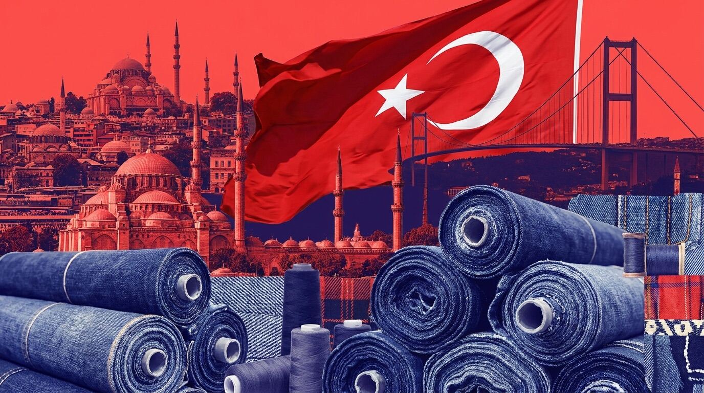 A Turkish textile workshop with the red and white crescent flag and the Bosphorus behind it