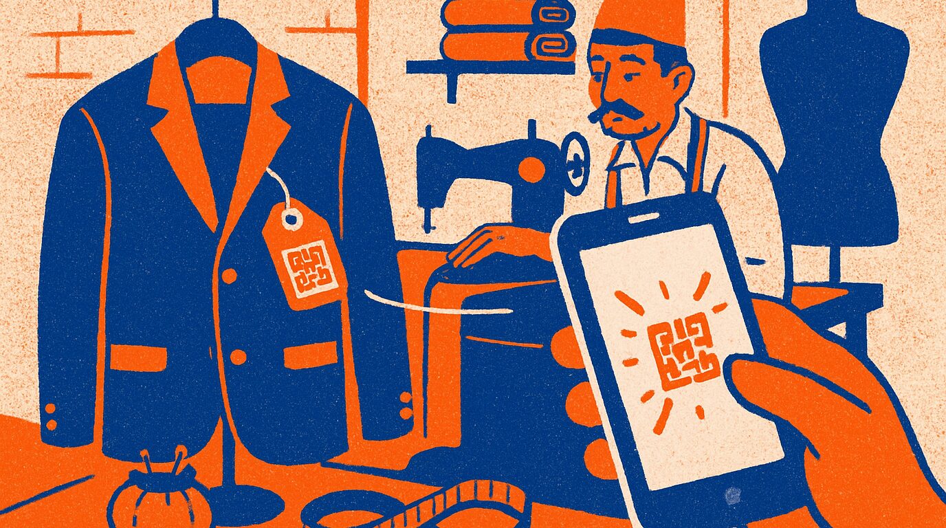 A QR code label on a denim garment in a Turkish factory with a traceability sheet beside it