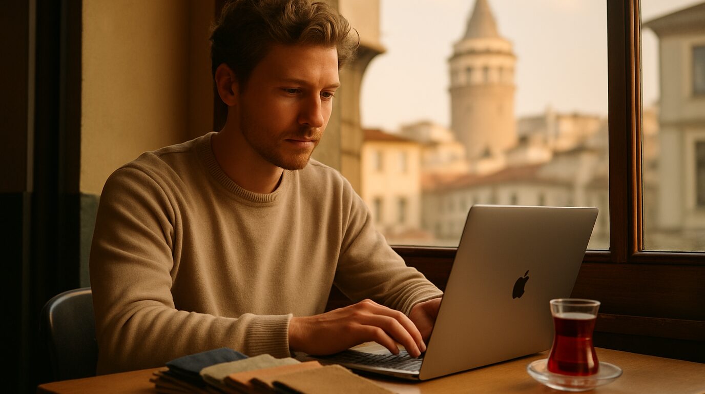 A small European brand founder on a laptop matched to a knitwear workshop in Istanbul