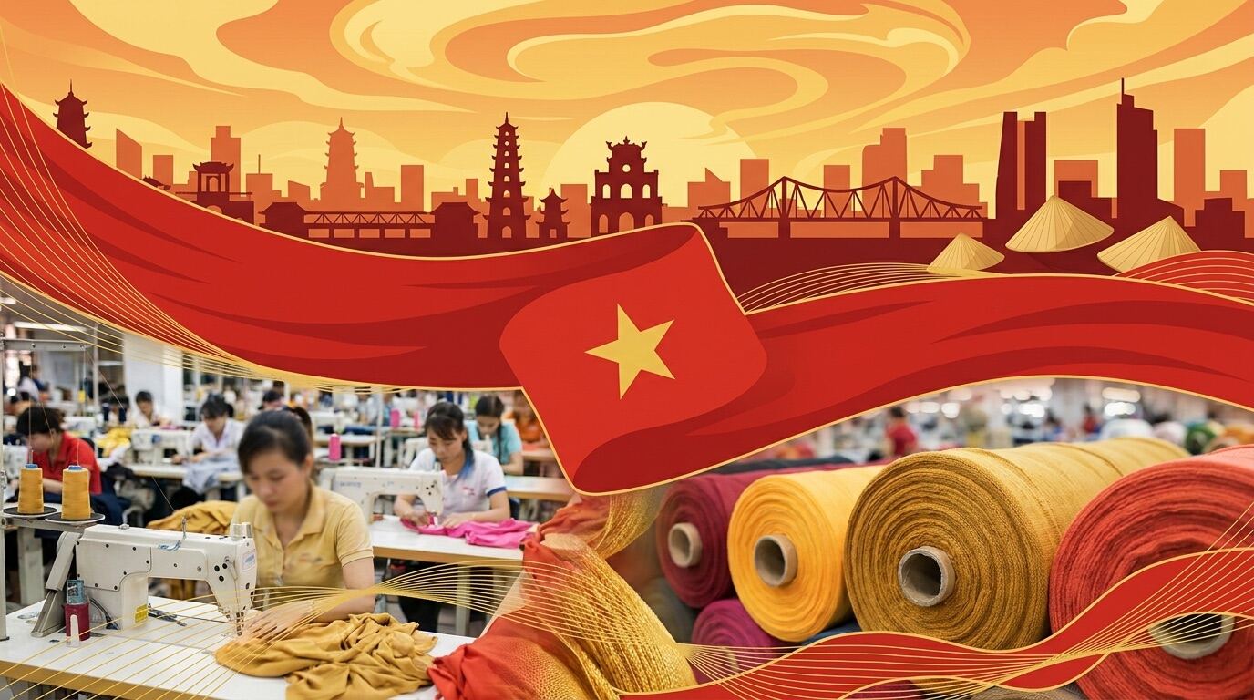 A Vietnamese garment factory with the red and yellow star flag and a Hanoi skyline