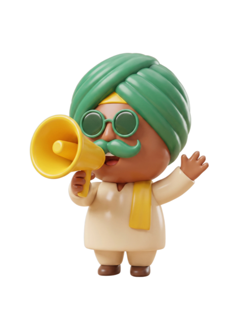 Lalaaji mascot announcing through a megaphone