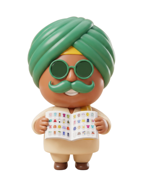 Lalaaji mascot presenting a product catalog