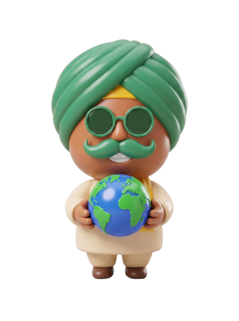 Lalaaji mascot holding up a globe