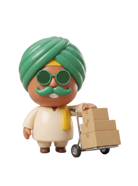 Lalaaji mascot with a hand truck of parcels