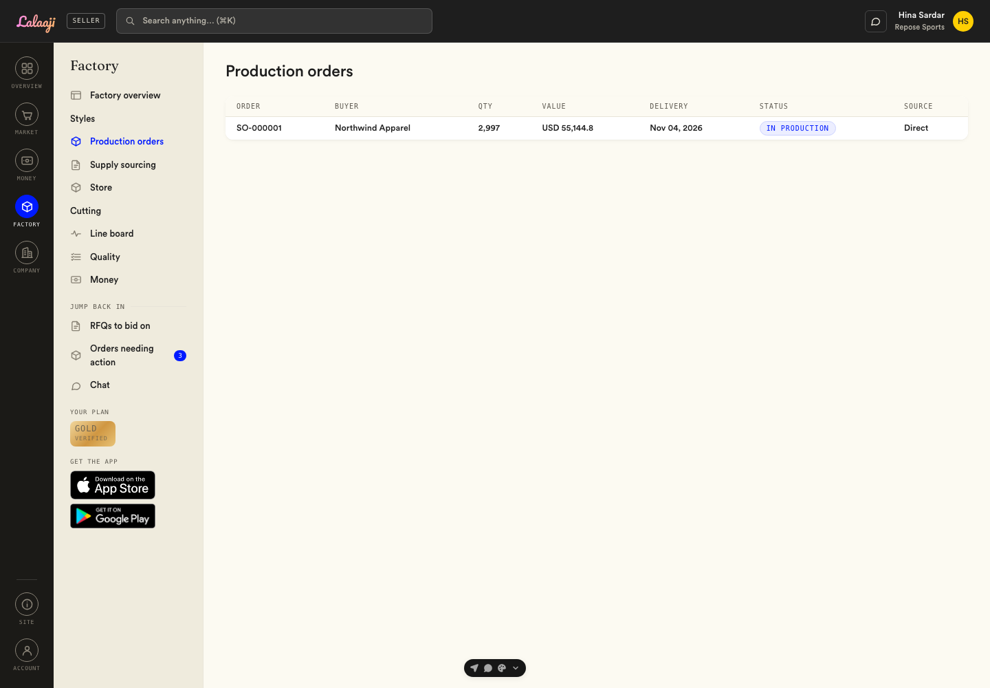 Production orders with buyer, quantity, value and delivery date