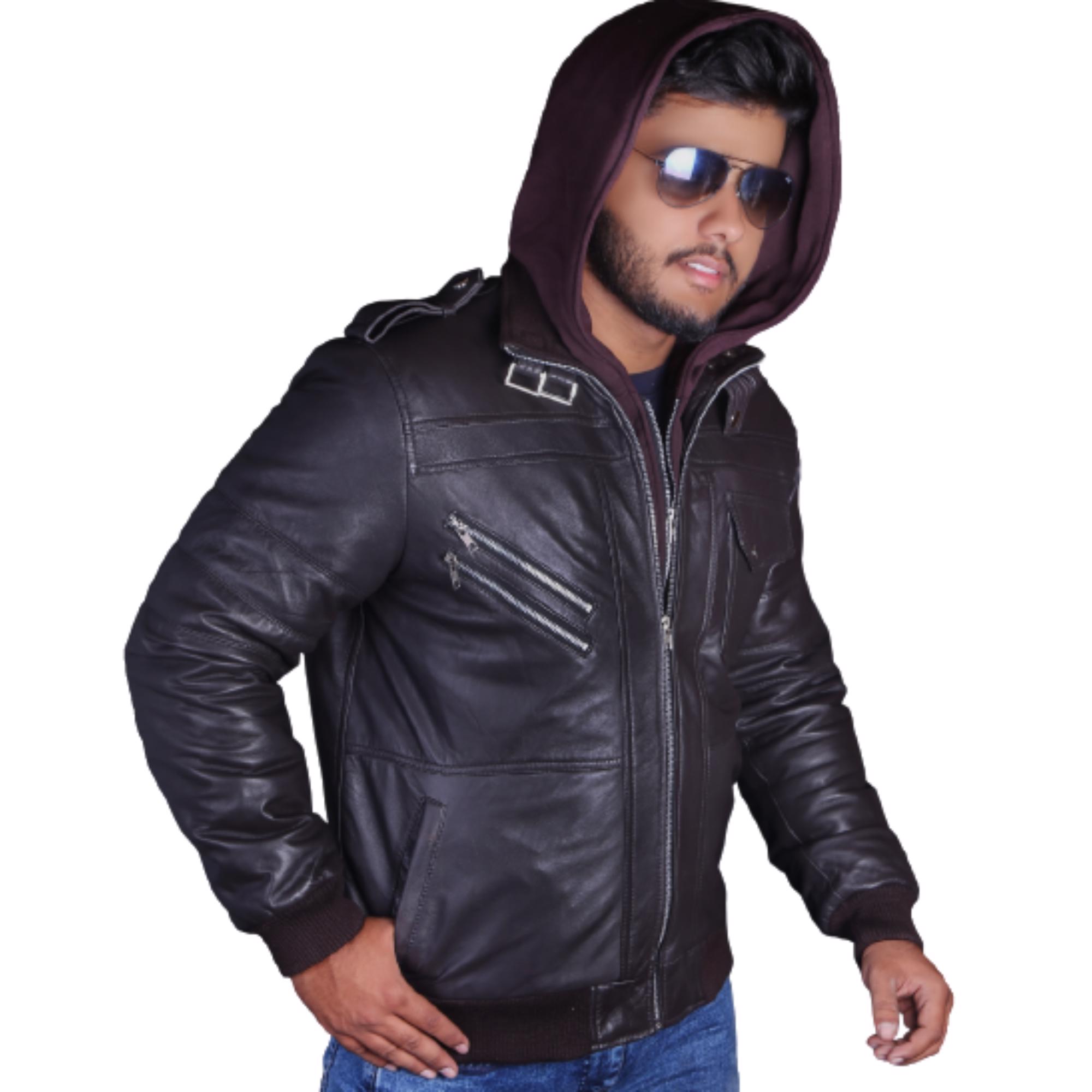 Real Sheepskin Winter Fashion Leather Jacket Men for Motorcycle Bikers Riders with Removable Hood