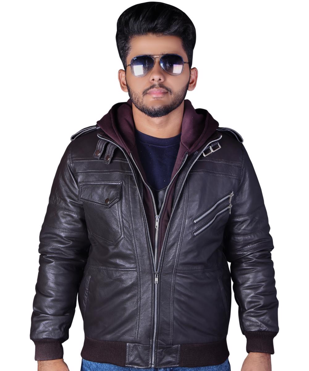 Real Sheepskin Winter Fashion Leather Jacket Men for Motorcycle Bikers Riders with Removable Hood - view 2