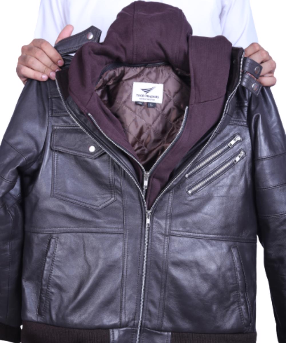 Real Sheepskin Winter Fashion Leather Jacket Men for Motorcycle Bikers Riders with Removable Hood - view 6