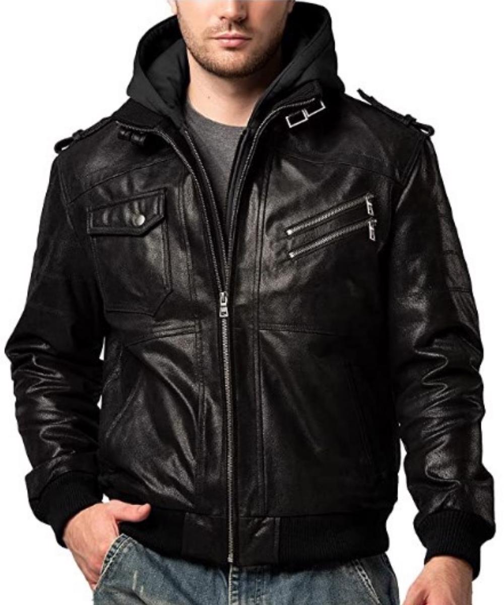 Real Sheepskin Winter Fashion Leather Jacket Men for Motorcycle Bikers Riders with Removable Hood - view 8