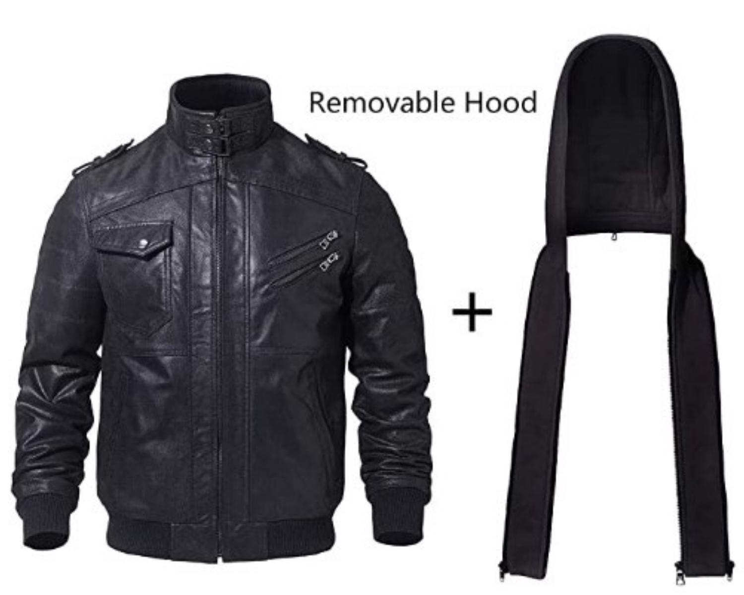 Genuine Sheepskin Leather Windproof Bomber Jacket Men for Motorcycle Biker with Removable Hood