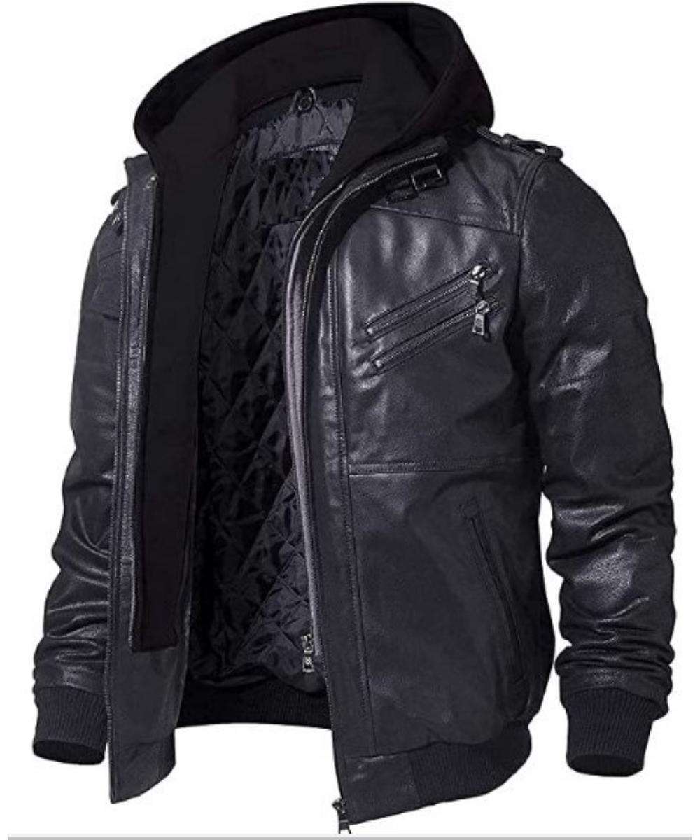 Genuine Sheepskin Leather Windproof Bomber Jacket Men for Motorcycle Biker with Removable Hood - view 2