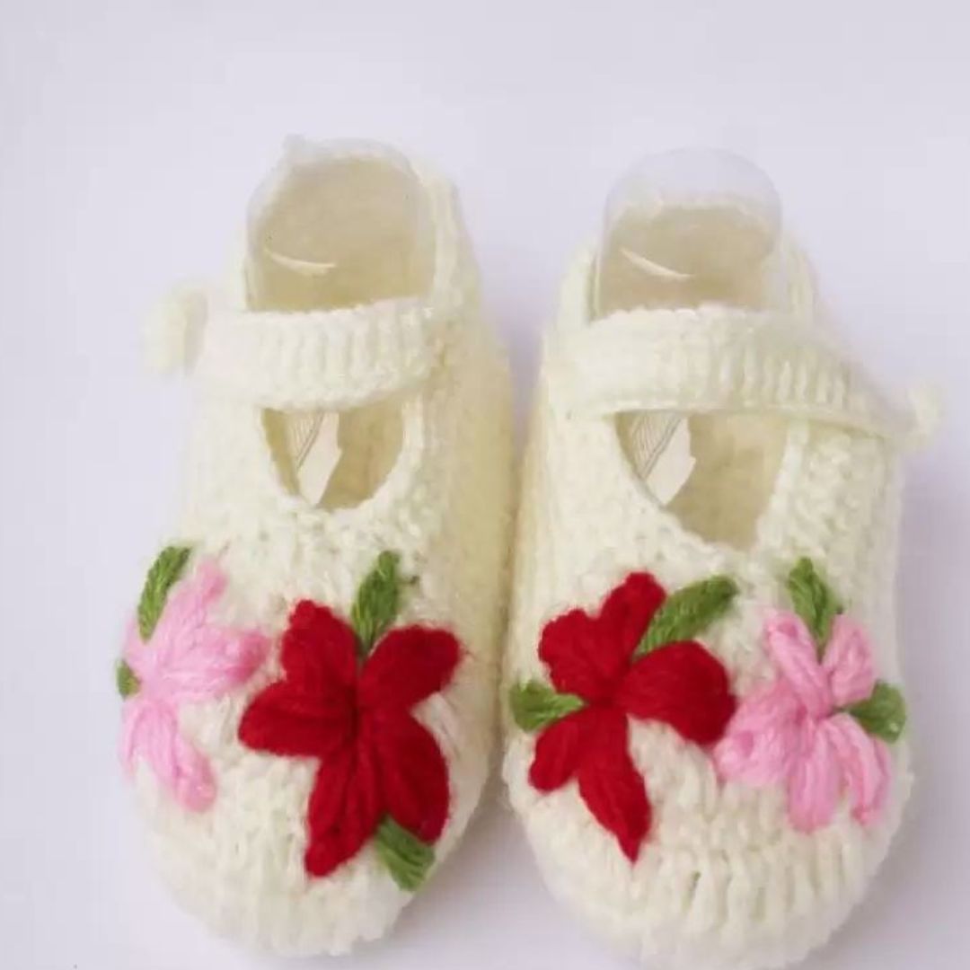 Woonie Handmade Crochet Embroidered Flower Booties - Ivory colour - view 2