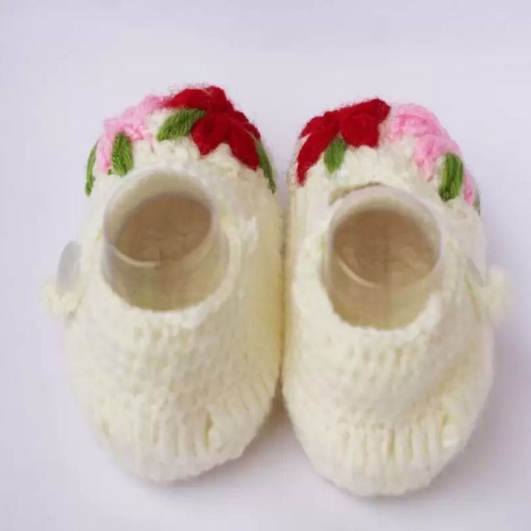 Woonie Handmade Crochet Embroidered Flower Booties - Ivory colour - view 3