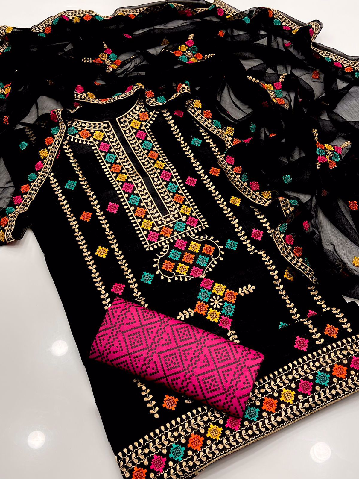 3-pc Dress Fabric lawn cotton Shirt embroidered galla daman Dupata chaifoon