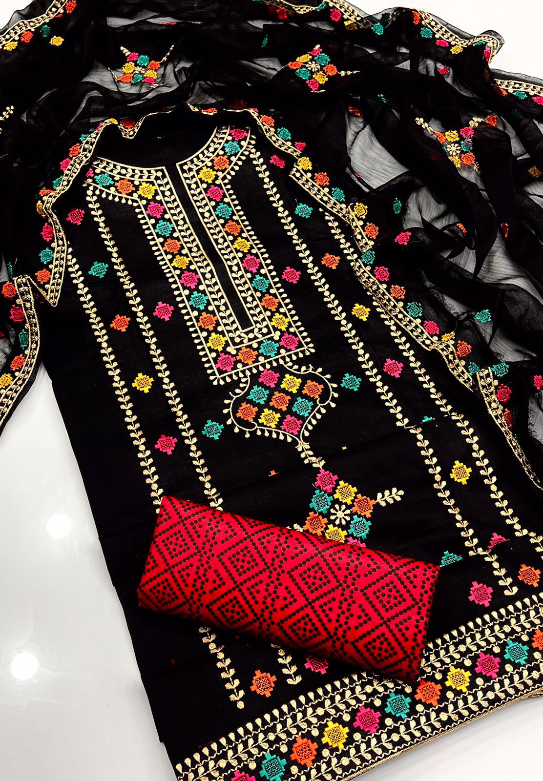 3-pc Dress Fabric lawn cotton Shirt embroidered galla daman Dupata chaifoon - view 2