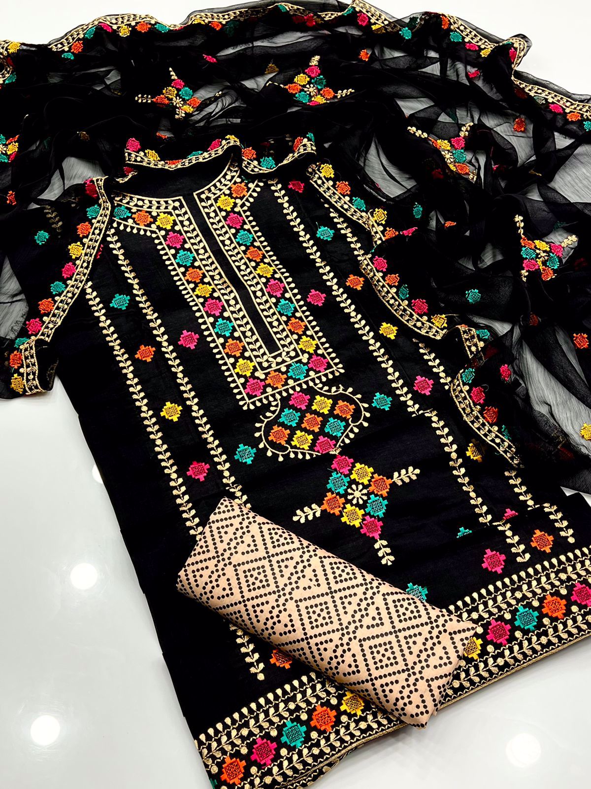 3-pc Dress Fabric lawn cotton Shirt embroidered galla daman Dupata chaifoon - view 3