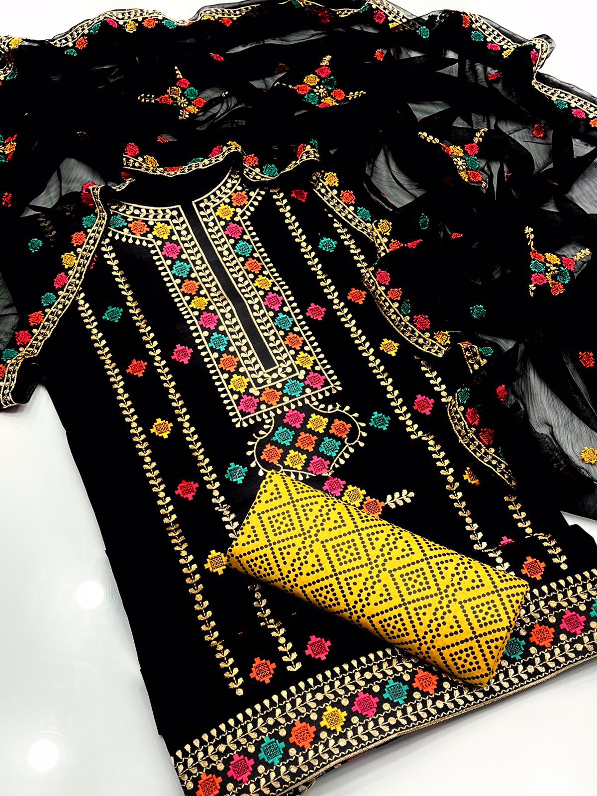 3-pc Dress Fabric lawn cotton Shirt embroidered galla daman Dupata chaifoon - view 4