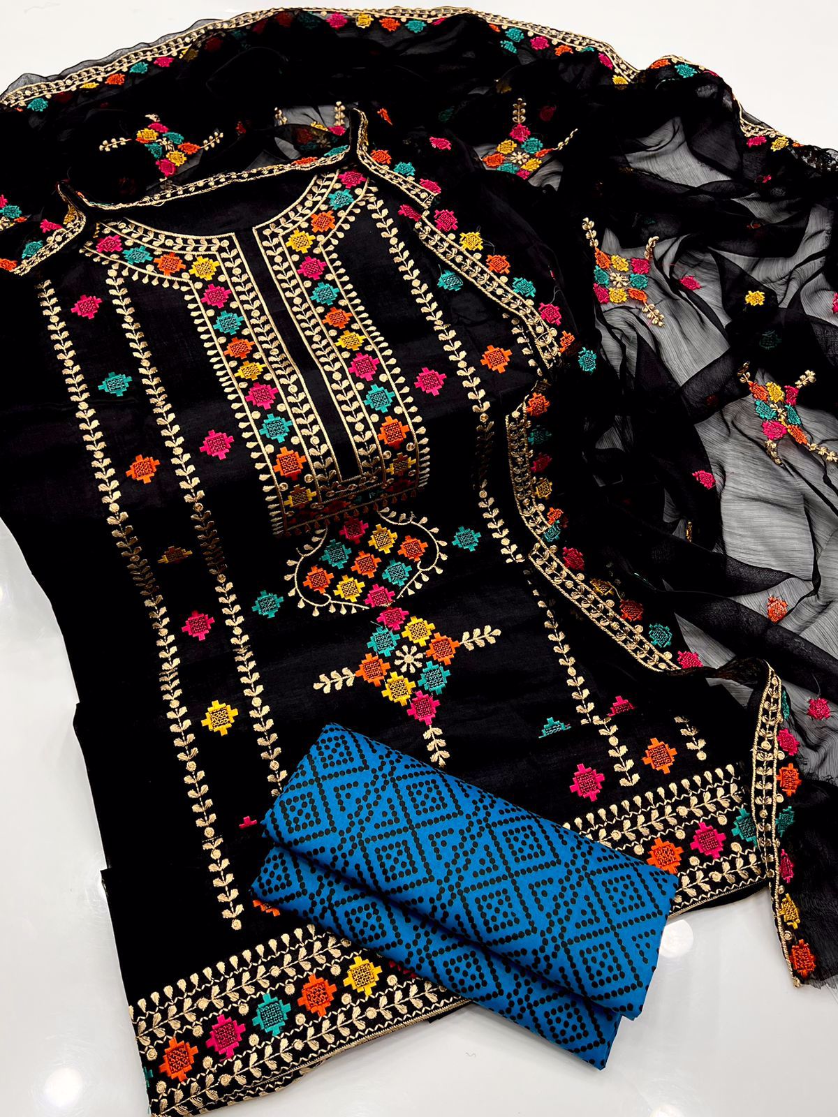 3-pc Dress Fabric lawn cotton Shirt embroidered galla daman Dupata chaifoon - view 5