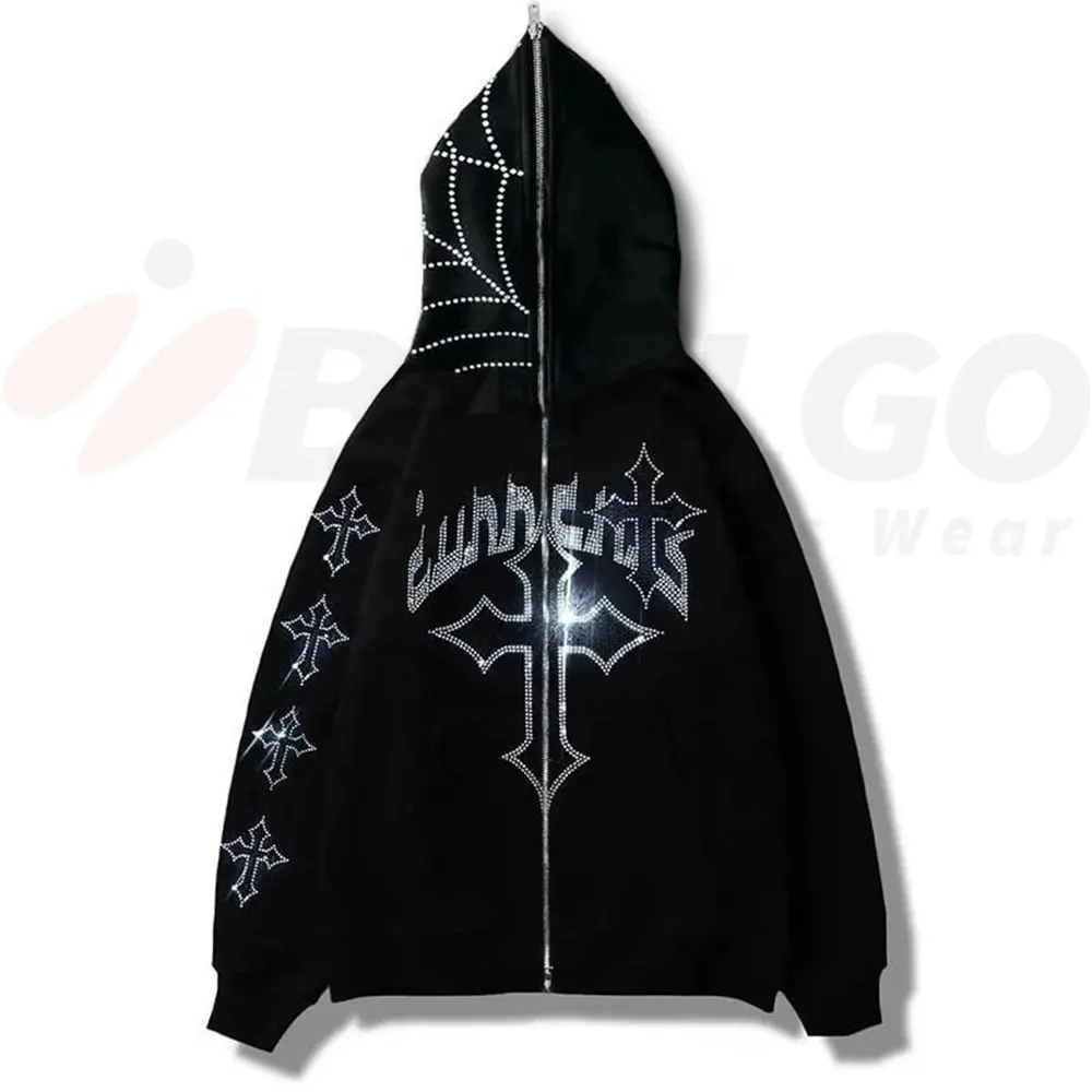 Factory Direct Supply Solid Color Men Rhinestone Hoodies Print Logo Thick Rhinestone Zip Up Hoodie