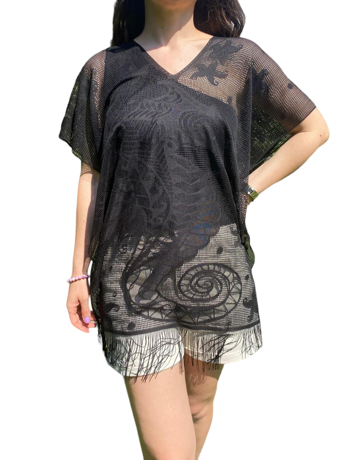 Pareo Bikini And Swimsuit Top Outfit Sea Horse Pattern Black Color - view 2