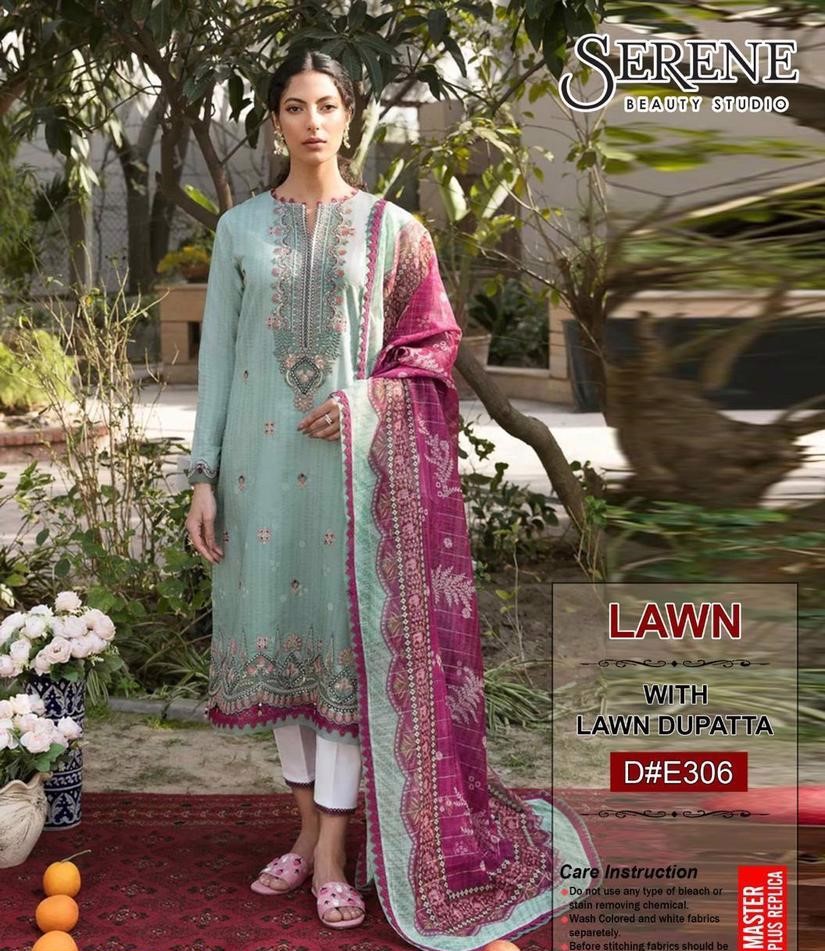 3 Pcs Women's Unstitched Lawn Embroidered Suit