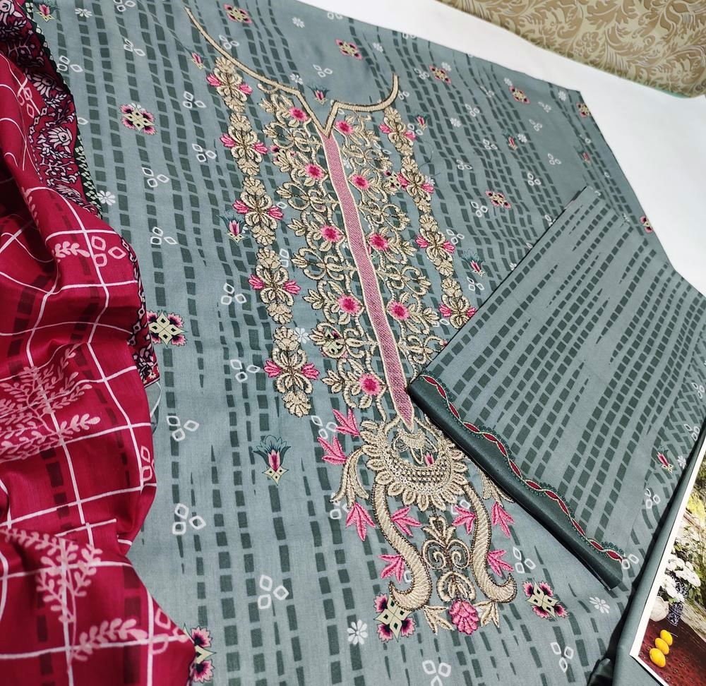 3 Pcs Women's Unstitched Lawn Embroidered Suit - view 3
