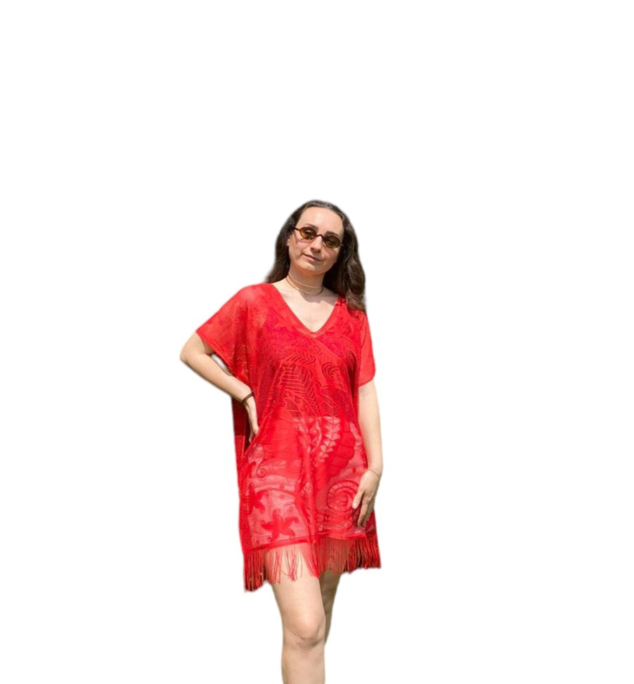  Pareo Bikini And Swimsuit Top Outfit Sea Horse Pattern Red Color