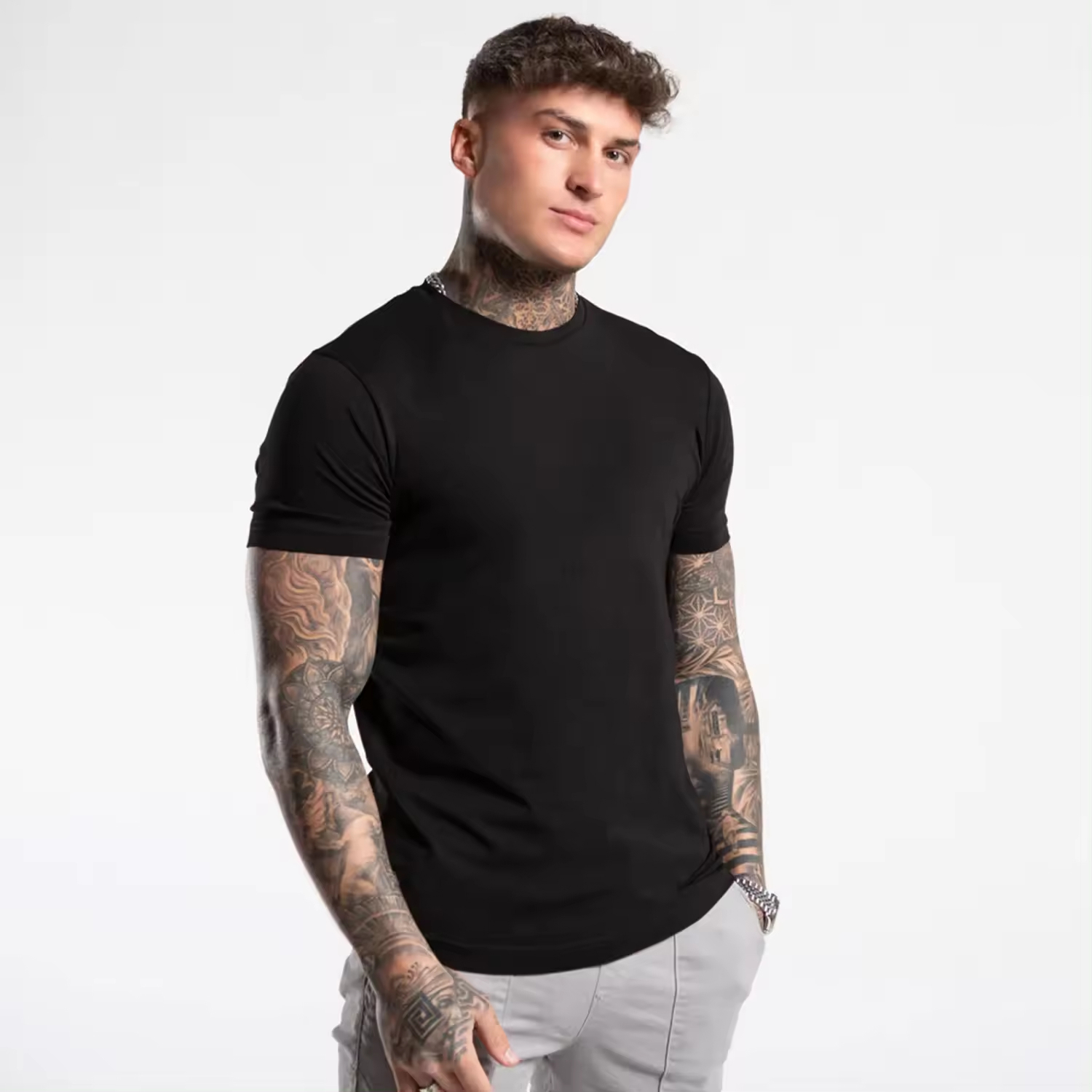 Muscle Fit Men Gym T shirt with Polyester Stretchy Casual Crewneck Slim Top Selling Men gym t shirt