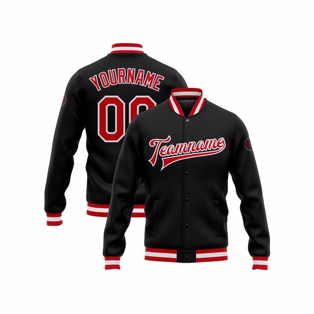 CUSTOM BLACK RED-WHITE BOMBER FULL-SNAP VARSITY LETTERMAN JACKET FOR MEN AND WOMEN BLANK