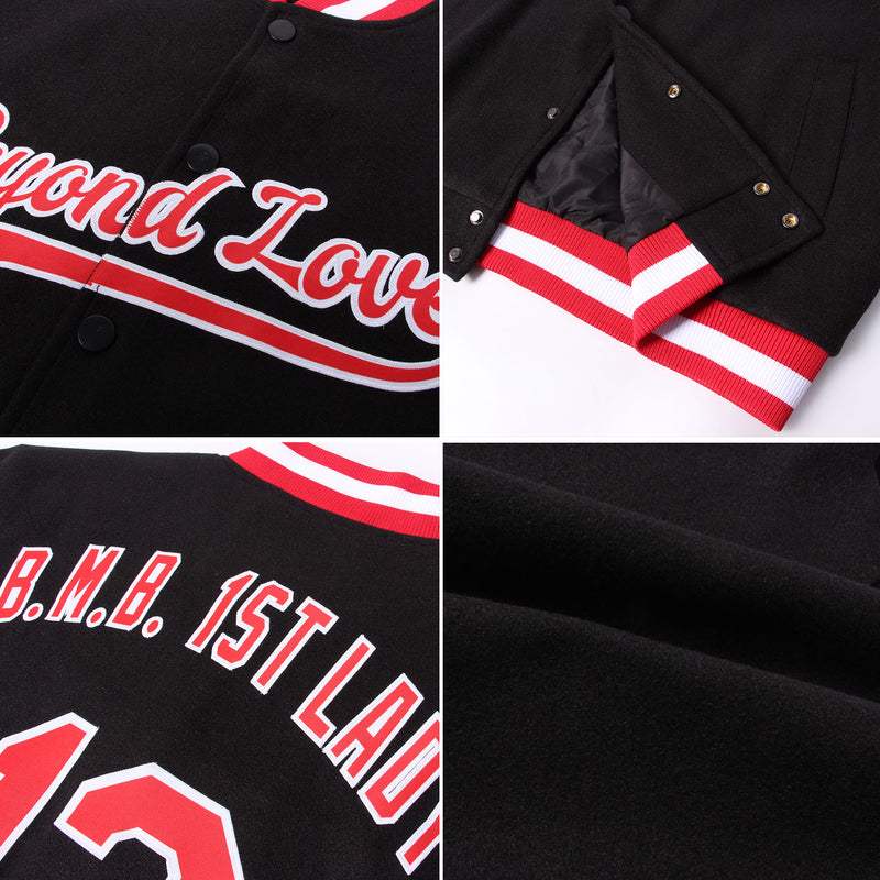 CUSTOM BLACK RED-WHITE BOMBER FULL-SNAP VARSITY LETTERMAN JACKET FOR MEN AND WOMEN BLANK - view 8