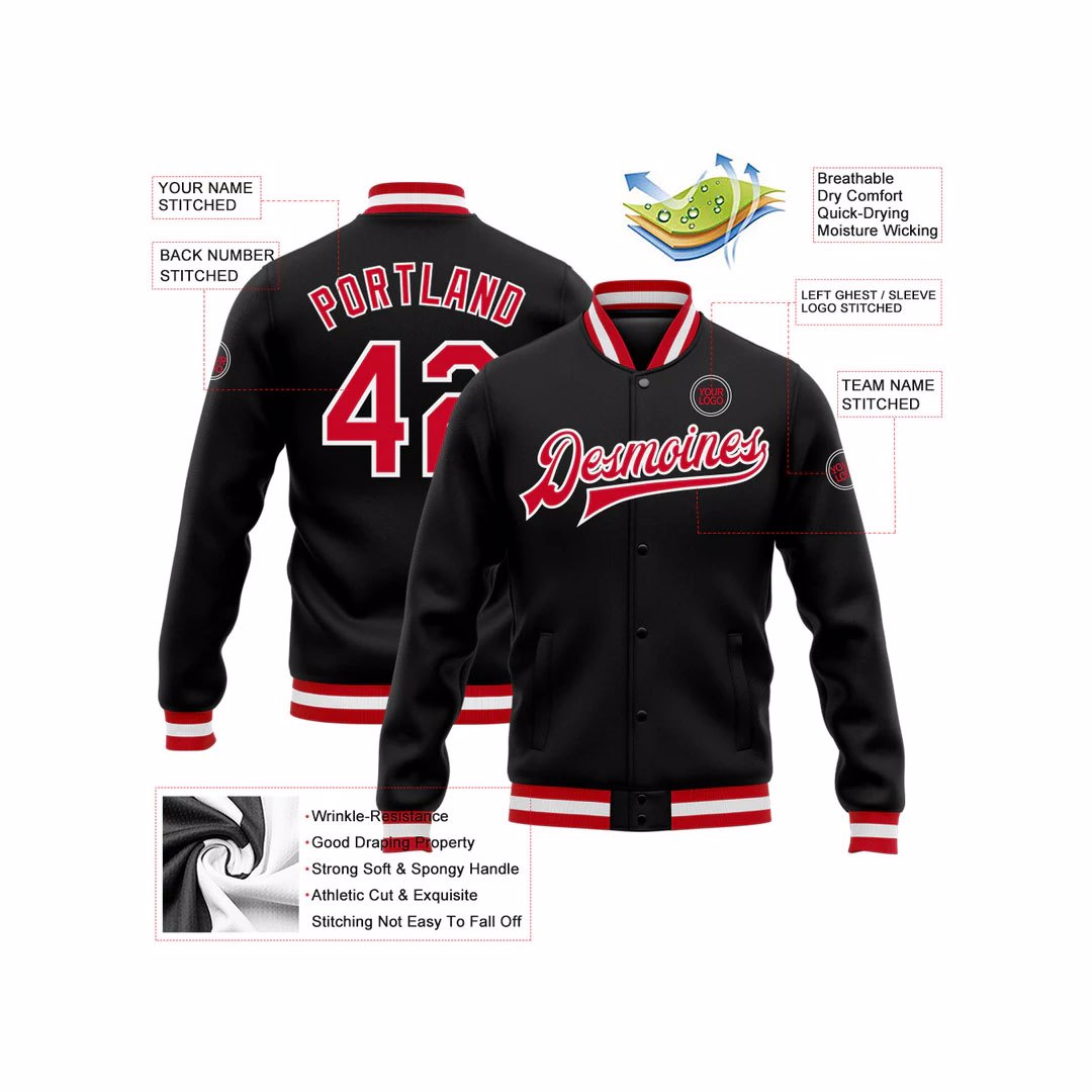CUSTOM BLACK RED-WHITE BOMBER FULL-SNAP VARSITY LETTERMAN JACKET FOR MEN AND WOMEN BLANK - view 19