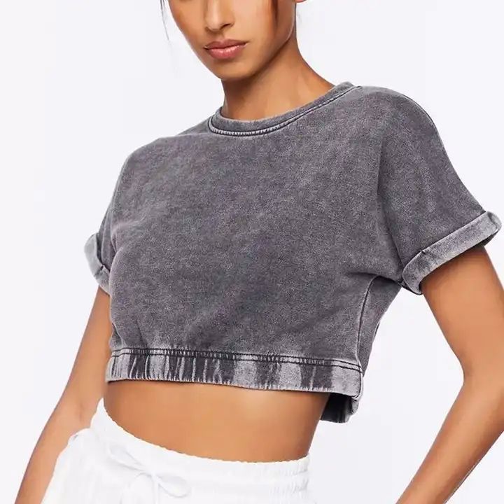 Summer blank crop top women acid washed vintage t shirt