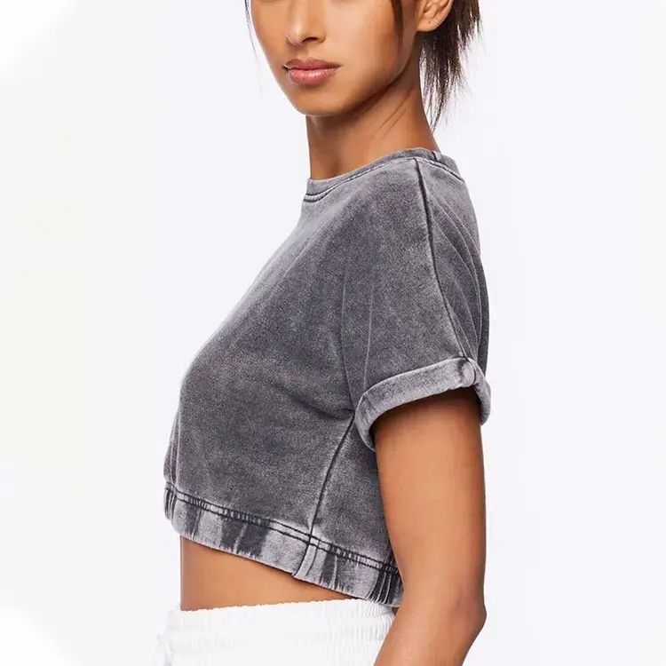 Summer blank crop top women acid washed vintage t shirt - view 2