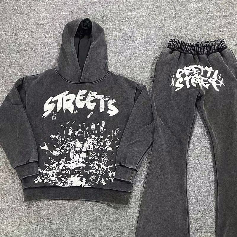 High Quality Printing 100% Cotton French Terry acid wash Hoodie Sweatpants Jogger Set