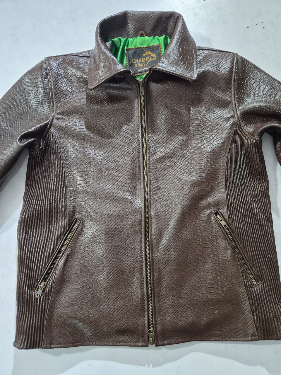  Men's Textured Brown Leather Bomber Jacket (Bright Green Satin Interior)