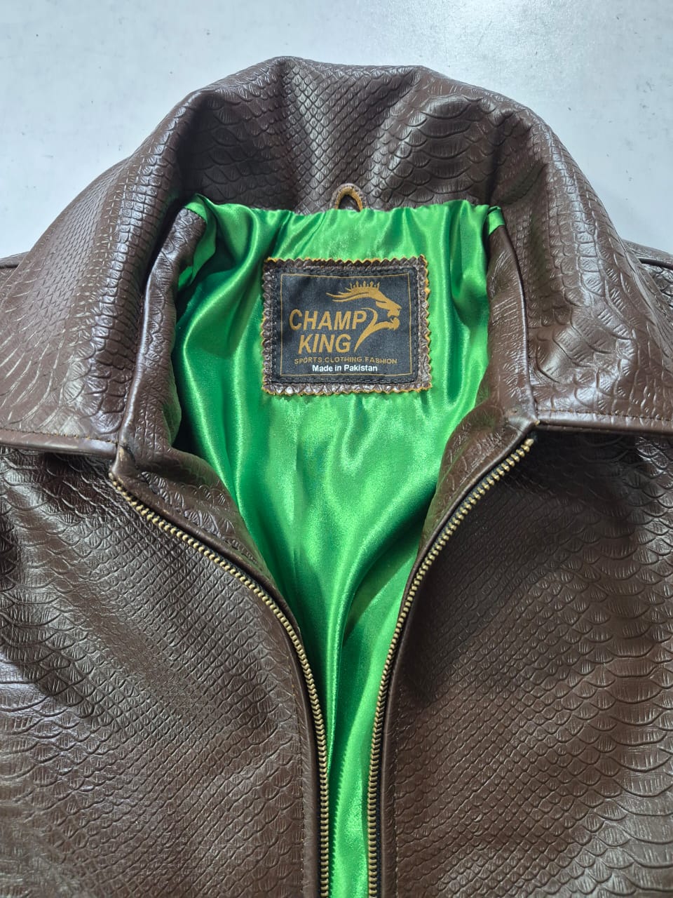  Men's Textured Brown Leather Bomber Jacket (Bright Green Satin Interior) - view 2